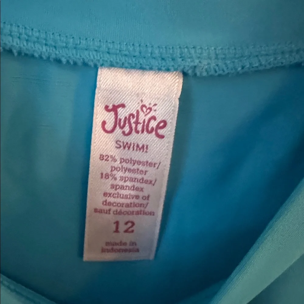 Justice swim shirt Teal Graphic Tee with Navy Polka Dot Hem